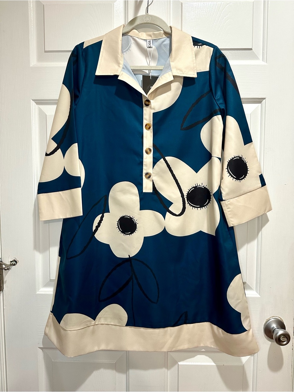 UOOZEE Teal Floral Shift Dress with Cream Trim